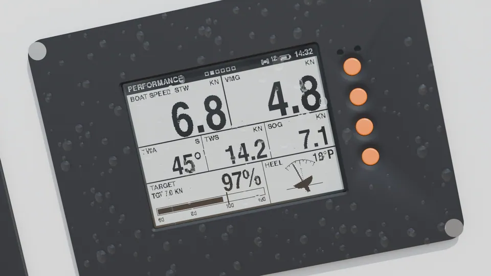 Render: close-up of a SailNav display covered in water droplets, showing the performance screen