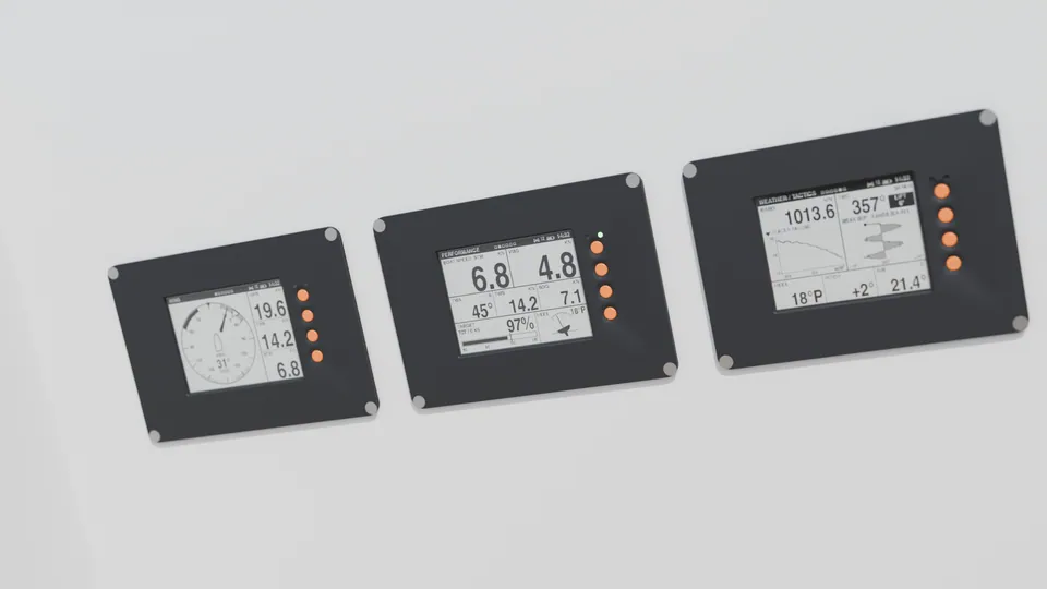 Render: three SailNav displays in bright sunlight showing wind, performance and weather screens