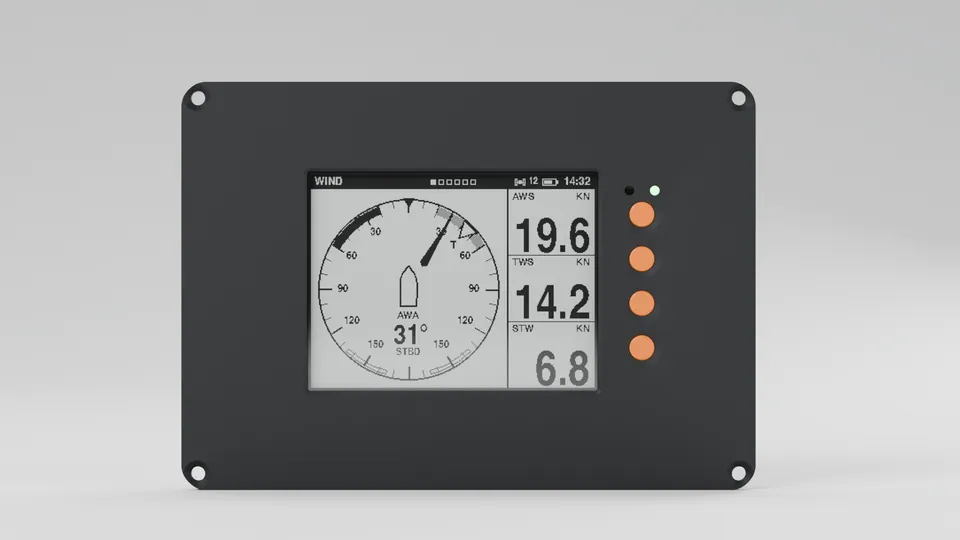 Render: SailNav Crew panel display, front view, showing the wind screen and four orange keys