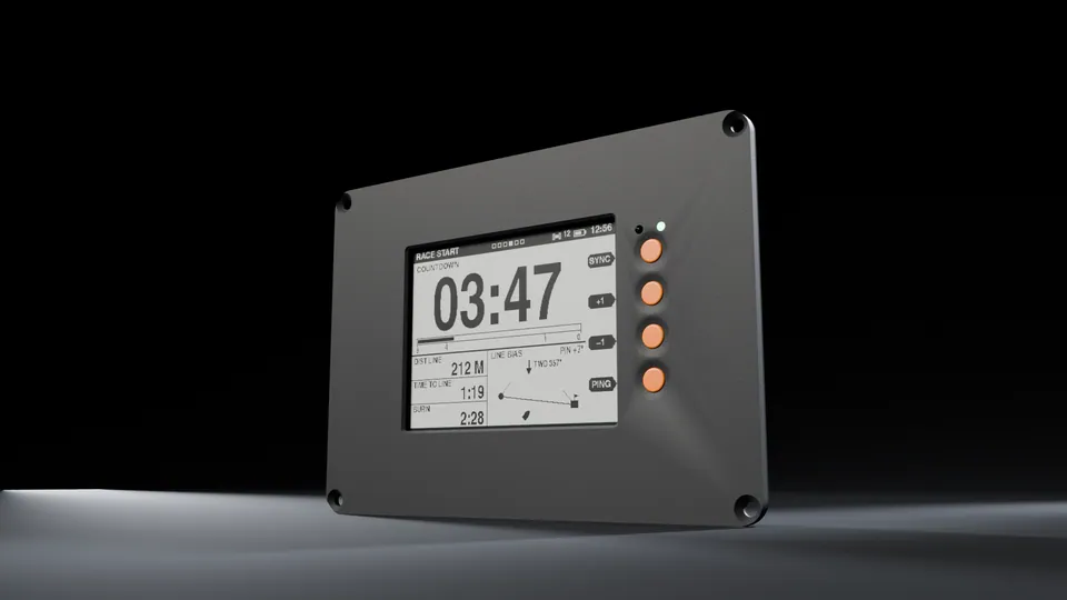 Render: SailNav display on a dark background, showing the race start countdown